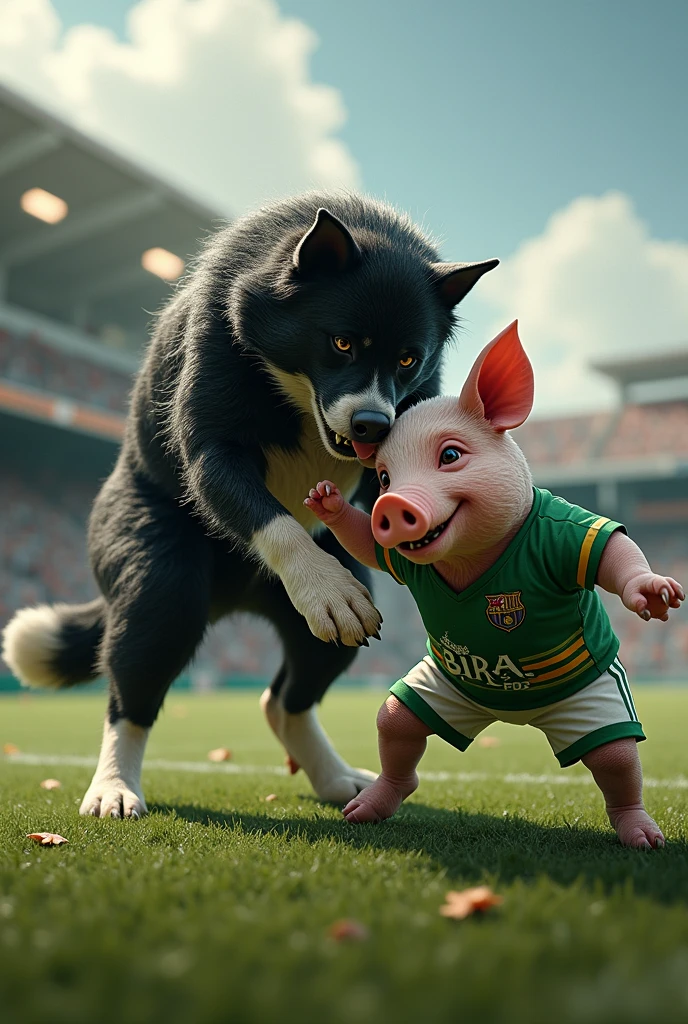 Bira the dog in Botafogo's black and white uniform killing the pig in Palmeiras' uniform