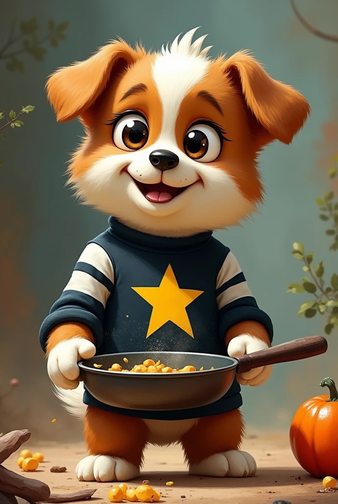 brave puppy, wearing a shirt with black and white vertical stripes, and with a yellow star on the left side of the chest, frying a dirty pig
