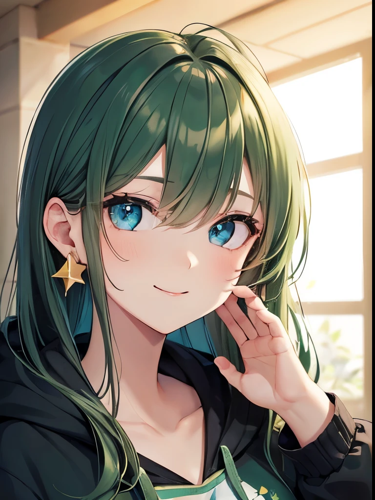 ((dark dark green hair color emphasis)), front view, upper body visible, hands wide open and showing to us, beautiful 5 fingers, (dark dark dark green hair color emphasis), long straight hair, cute shaped round eyes (droopy eyes), blue eyes, kind young pretty face, vermilion Hoodie, Hoodie star pattern, Shy, Smiling with closed mouth, Big golden star earring, Golden hair clip, Sparkling eyes, Aquarium, Focus on face, Fresh smile, Green floral print hoodie, (High quality, Golden number 5 earring, Blue eyes, Face close-up), Small breasts, Hands, Shadowless background, High definition , Focus on face.