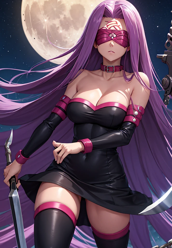 score_9, score_8_up, score_7_up, source_anime, medusarider, medusa rider, long hair, very long hair, purple hair, facial mark, forehead mark, thighhighs, dress, cleavage, bare shoulders, detached sleeves, black dress, collar, strapless, strapless dress, blindfold, outdoors, night, night sky, moon, clouds, looking at viewer, cowboy shot, dutch angle, fighting stance, weapon, chain, knife,