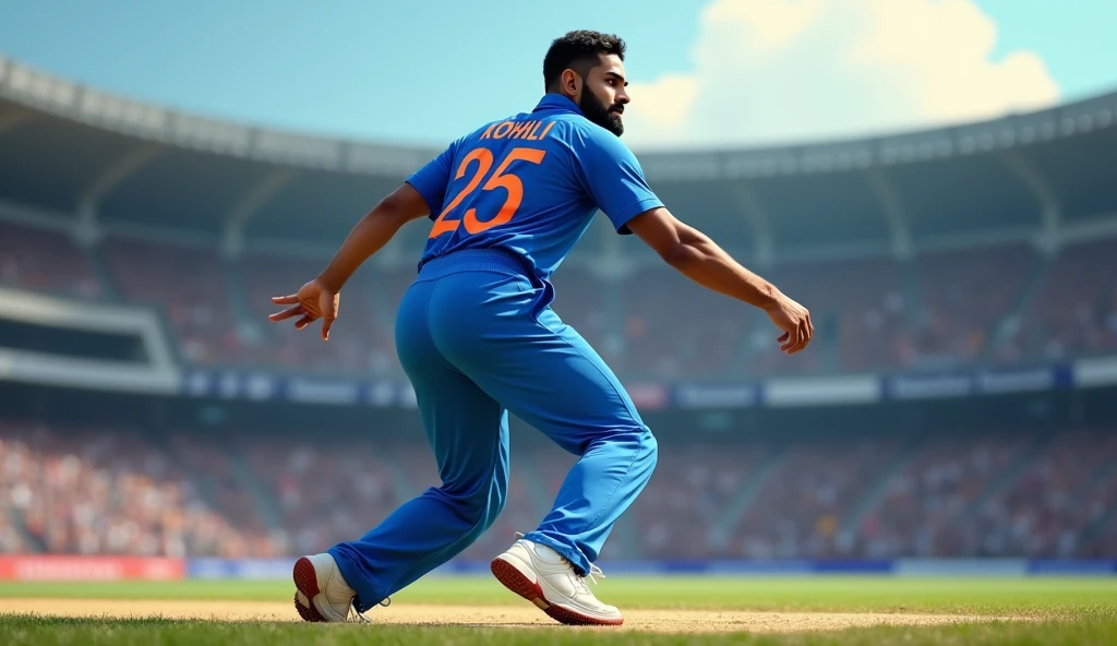 Show me a back view of cricket player Virat Kohli bowling with INDIA written on his blue jersey and wearing white sneakers,drop shadow, anaglyph, stereogram, tachi-e, ass pov, atmospheric perspective, 8k, super detail, best quality