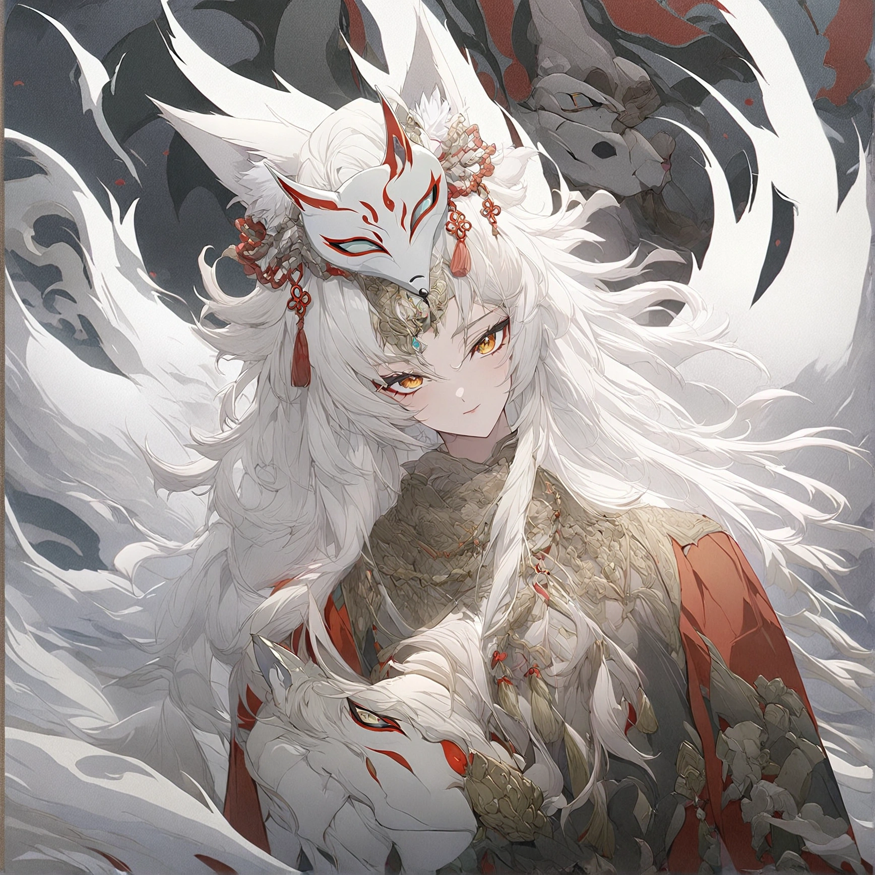 anime character with white hair and a white mask, white fox anime, with kitsune mask, onmyoji portrait, onmyoji detailed art, onmyoji, vampire white fox, kitsune mask on head, white haired deity, kitsune mask, white - haired fox, beautiful male god of death, kitsune, wearing a kitsune mask, amaterasu