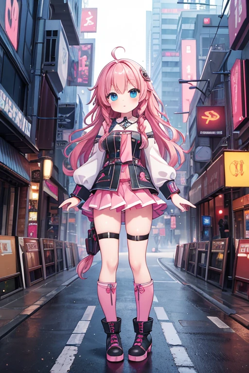 High resolution, Highest quality, masterpiece, Very high quality, Very detailed, Surreal, 3d, anime, An illustration, Fantasy, Hard Rock Girl, So beautiful and cute, Pink wavy hair, Side braid, mini skirt, Knee-high socks, Engineer boot, background cyberpunk city galaxy