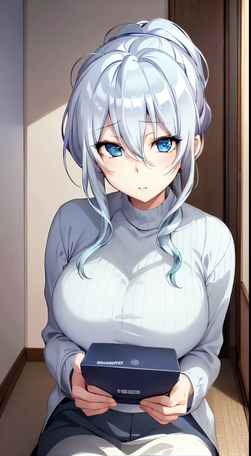 Yukino, in bed, silver hair and  blue eyes, light shirt and no bra, anime visual of a cute girl, screenshot from the anime film, & her expression is solemn, in the anime film, in an anime, anime visual of a young woman, she has a cute expressive face, still from anime, big breast, red cheek, lustful face, fair skin