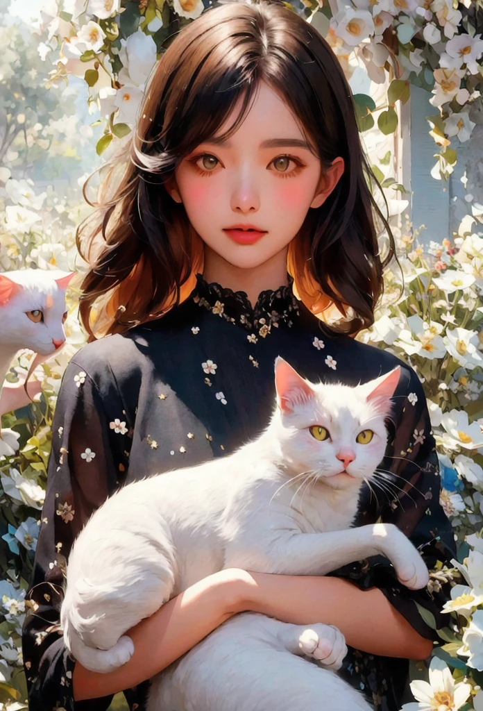 oil painting, (A scene where a woman is holding a white cat in her arms, flower), A portrait expressing the deep bond between a girl and a cat, (Close-up of the upper body_A look that looks at the viewer), Peacefulness, high resolution, vivid silhouette, 3D texture, Very detailed description, Oil painting style, 