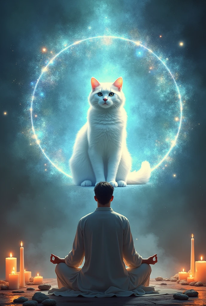 White cat surrounded by a circle of lush mystical brilliance in front of a man in a meditation position in a room with candles and incense