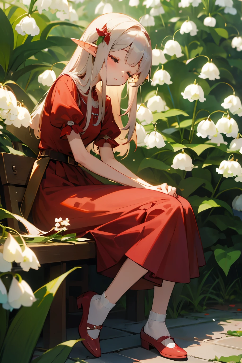 Photorealistic、(Red dress、Elf、sleepy、Mouth slightly open、hair ornaments、Sitting、Cute Shoes)、Lily of the valley hill、night