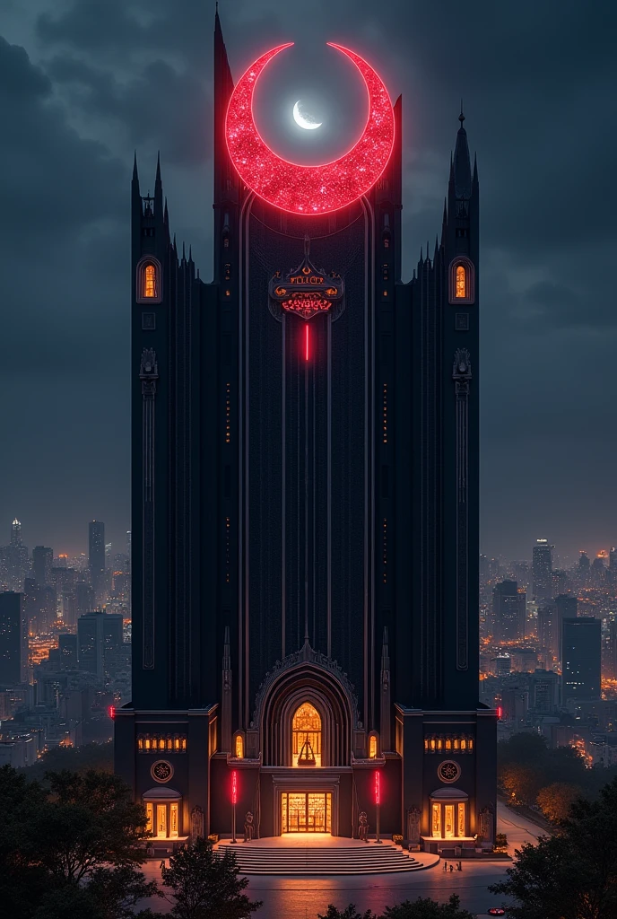 A big, black luxury hotel, at night, called “Eclipsian Empire” with a red crescent on its roof in realism