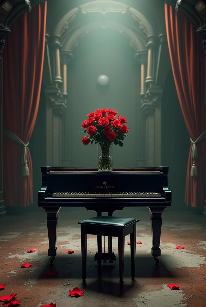A piano with a vase of roses on top in an abandoned theater
