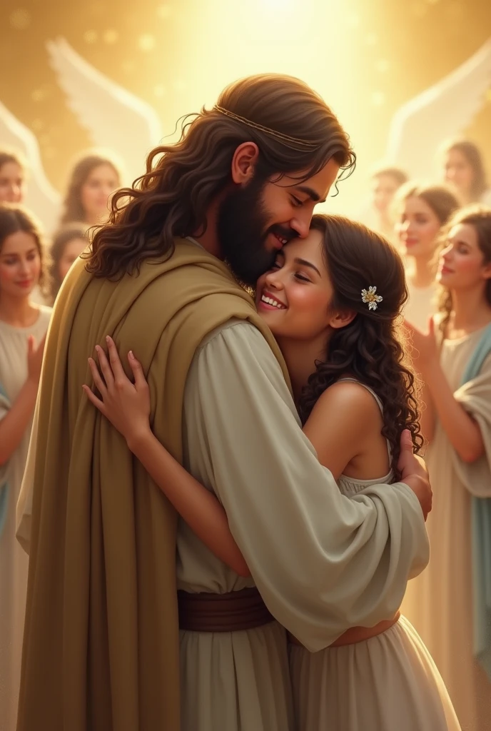 Happy girl with dark brown hair down to her shoulder blades, curly hair tied back with a clip in a simple hairstyle, white skin color, hugging a man Jesus Christ in heaven, with golden colored background, offwhite, light blue and blurred angels, and a crowd hugging and happy. The man Jesus smiling and looking at her.