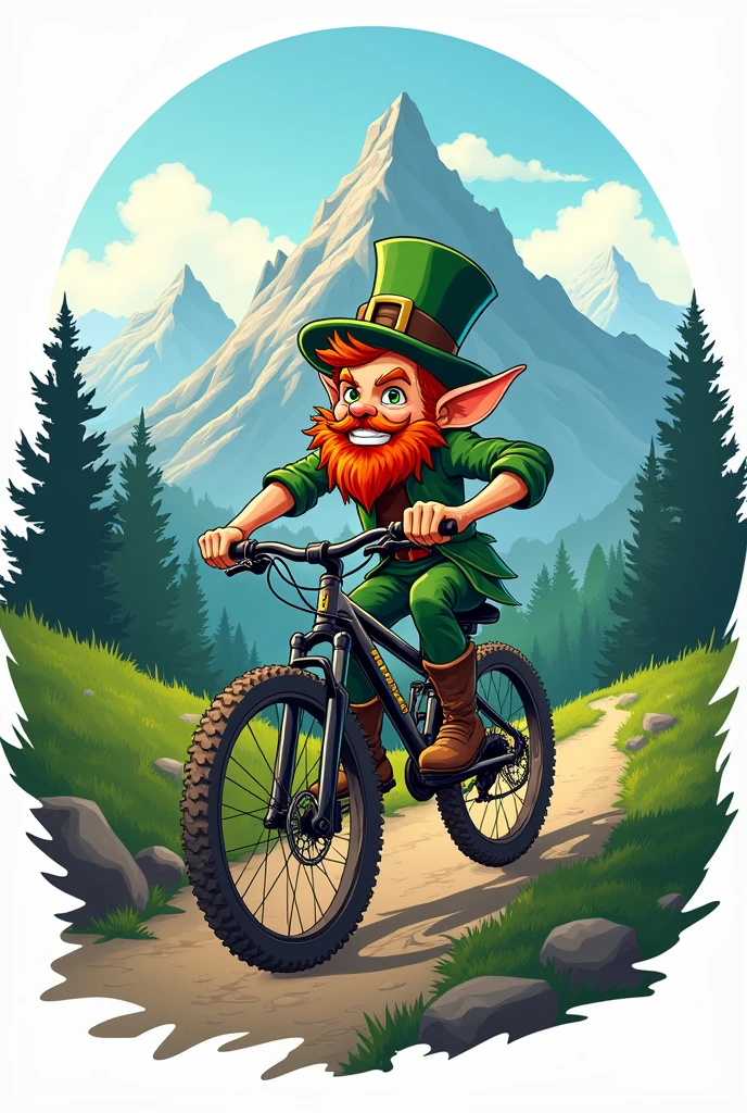 Logo featuring a leprechaun riding a mountain bike and mountains 


