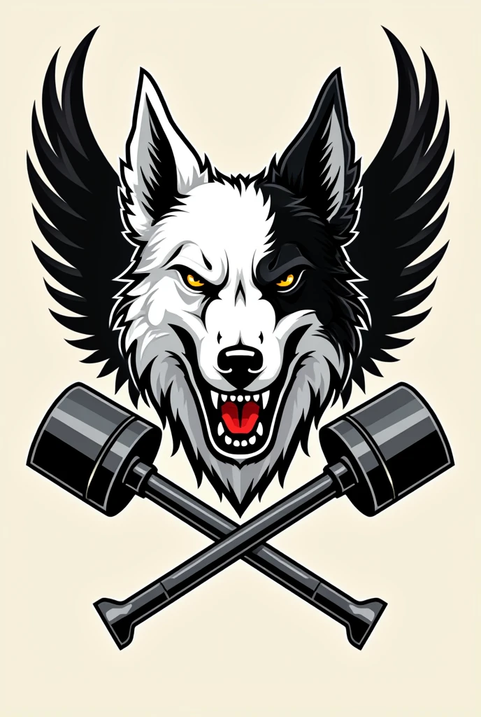 I need a coat of arms for a motorcycle club with a white border colie dog with only the right ear black(but not up to the eye) and angry in the middle but only his bust, with small wings coming out from behind him on the sides, and two crossed pistons coming out of the bottom of the dog&#39;s head