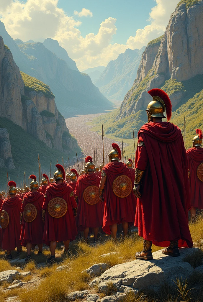 Battle of Thermopylae, view from the top of a mountain, three hundred Spartan with thousands of Persian soldiers