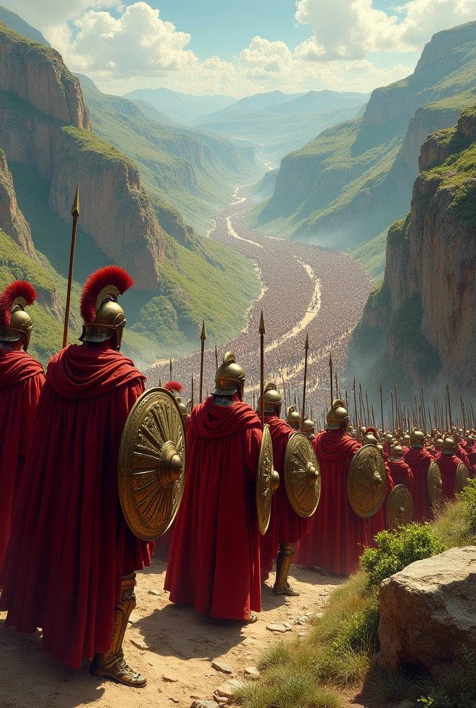 Battle of Thermopylae, view from the top of a mountain, three hundred Spartan with thousands of Persian soldiers