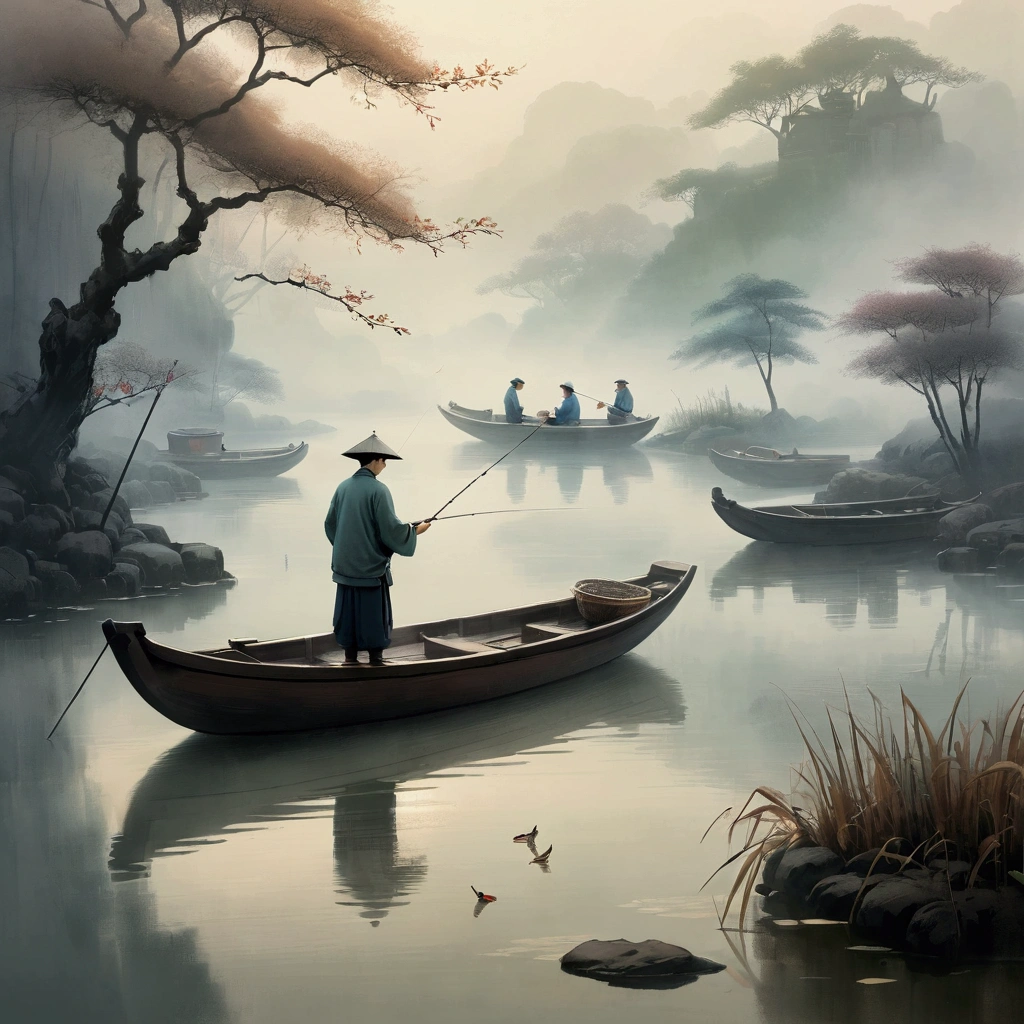 A man fishing by a tranquil river, traditional Chinese ink painting style, ethereal atmosphere, detailed brushwork, natural tones, mist and fog, calming landscape, serene pond, wooden boat, soft lighting, masterful composition, elegant simplicity, meditative mood, photorealistic, 8k, best quality
