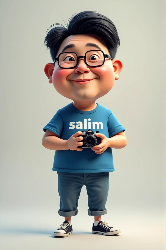 3D caricature photo, big head of a man, Korean haircut, thick glasses, slightly square jaw, , blue t-shirt that says "SALIM" in white, 3/4 jeans, wearing shoes, carrying a camera