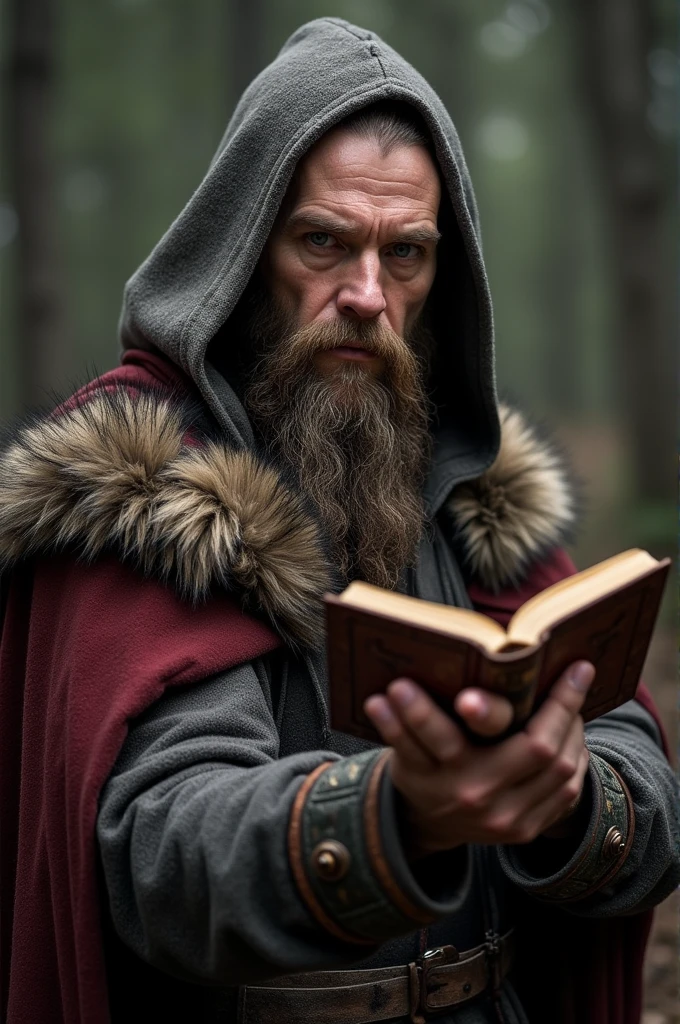 A strong bearded and bald Viking style hooded man holding a bible