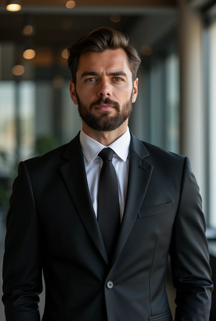 Brazilian man, with beard, well dressed in office wearing black formal wear