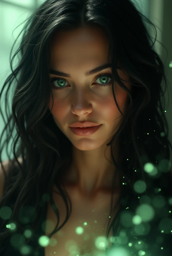 (Photorealism:1.2), Woman, About 30s, tanned light skin, clear green eyes, long black hair with waves, mystical air, seducing smile, involved with magic 