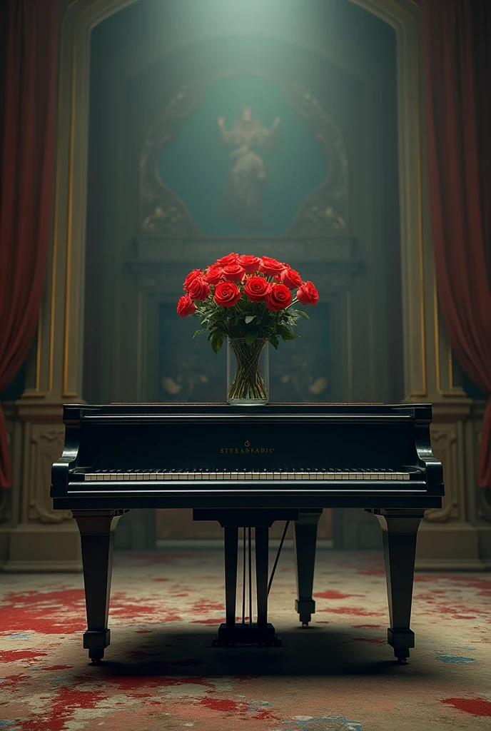 A piano with a vase of roses on top in an abandoned theater 