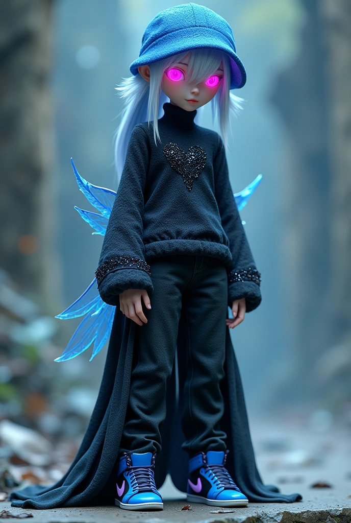 Blue cap, pink eyes and sparkly black turtleneck top, angelic pants and black and blue sneakers and man