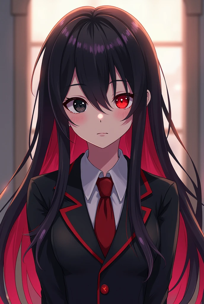 Wallpaper:anime style genshi impact has long black hair with red streaks, one black eye and the other red serious and school uniform