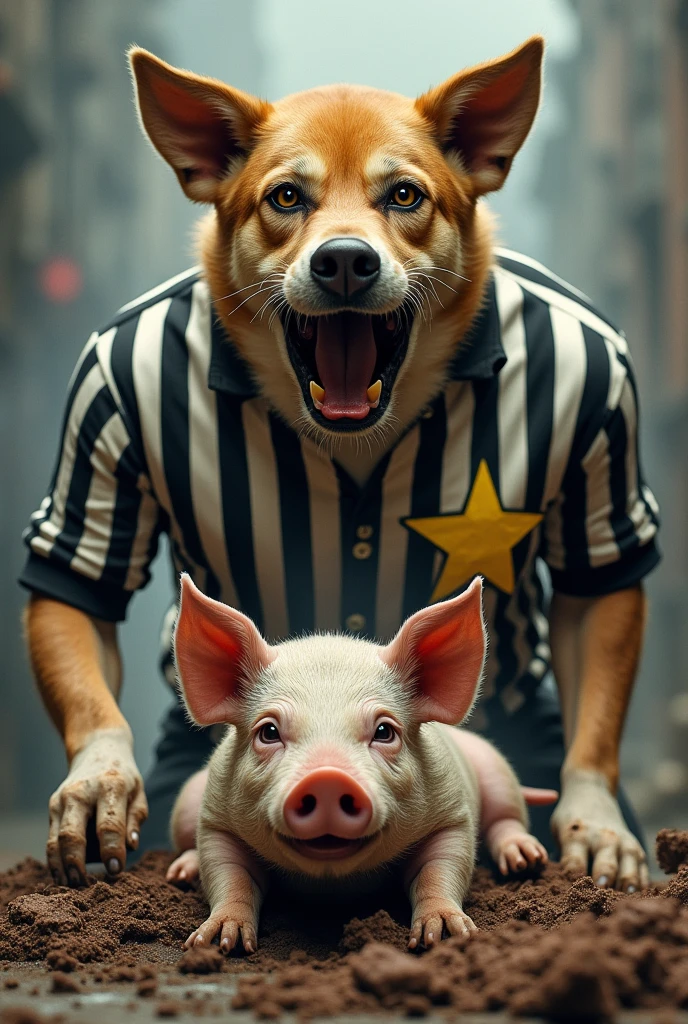 Angry dog, wearing a shirt with black and white vertical stripes, and with a yellow star on the left side of the chest, frying a dirty pig