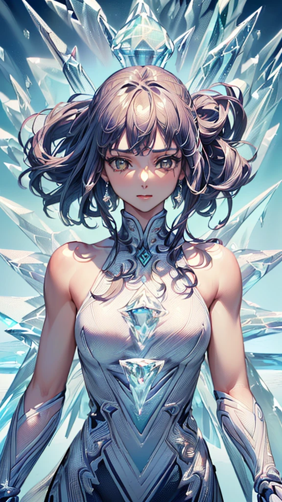 (((masterpiece, High resolution, accurate, Anatomically correct, most high quality, Very detailed, high quality, Ultra high definition:1.5))), Big Tits, Earrings, Sparkling eyes, moving line, Speed Line, mage,sexy pose,(((upper body,one woman,master of ice,Cowboy Shot, :1.5))),smile,Different world,another world,city、throne