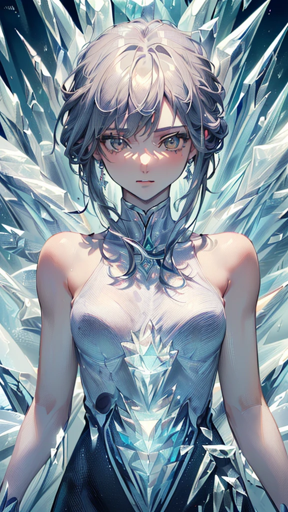 (((masterpiece, High resolution, accurate, Anatomically correct, most high quality, Very detailed, high quality, Ultra high definition:1.5))), Big Tits, Earrings, Sparkling eyes, moving line, Speed Line, mage,sexy pose,(((upper body,one woman,master of ice,Cowboy Shot, :1.5))),smile,Different world,another world,city、throne