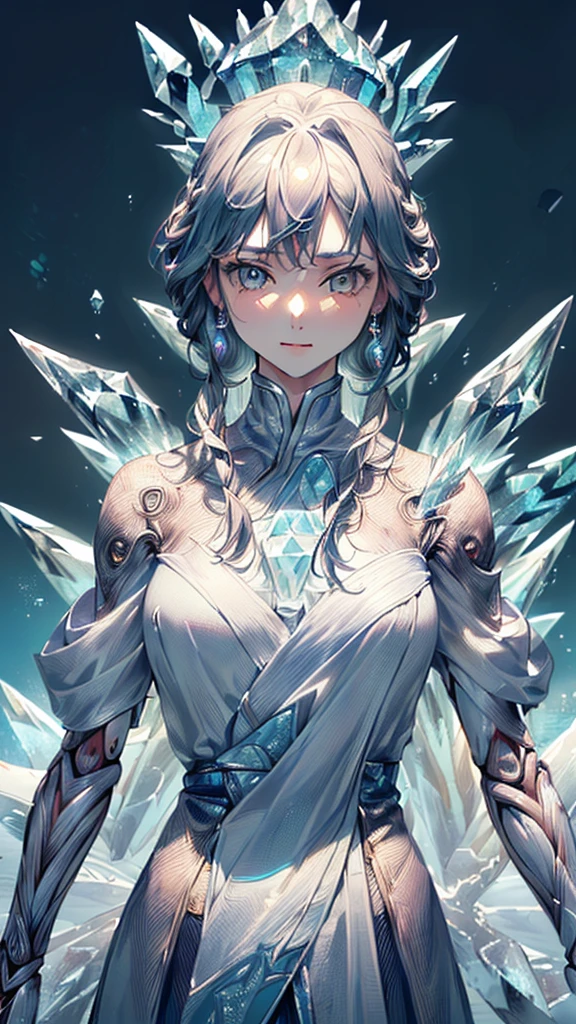 (((masterpiece, High resolution, accurate, Anatomically correct, most high quality, Very detailed, high quality, Ultra high definition:1.5))), Big Tits, Earrings, Sparkling eyes, moving line, Speed Line, mage,sexy pose,(((upper body,one woman,master of ice,Cowboy Shot, :1.5))),smile,Different world,another world,city、throne