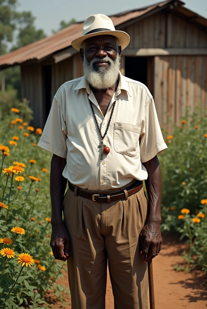 An 80-year-old Angolan black man, a little hunchbacked, tall and strong, wearing brown pants and a starched white shirt, barba, White hat, walking stick and smoking a pipe, Grinning, rosary around the neck, in the background a wooden house and many medicinal herbs