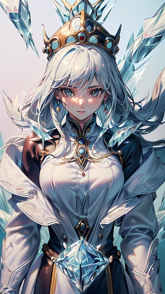 (((masterpiece, High resolution, accurate, Anatomically correct, most high quality, Very detailed, high quality, Ultra high definition:1.5))), Big Tits, Earrings, Sparkling eyes, moving line, Speed Line, mage,sexy pose,(((upper body,one woman,master of ice,Cowboy Shot, :1.5))),smile,Different world,another world,city、throne