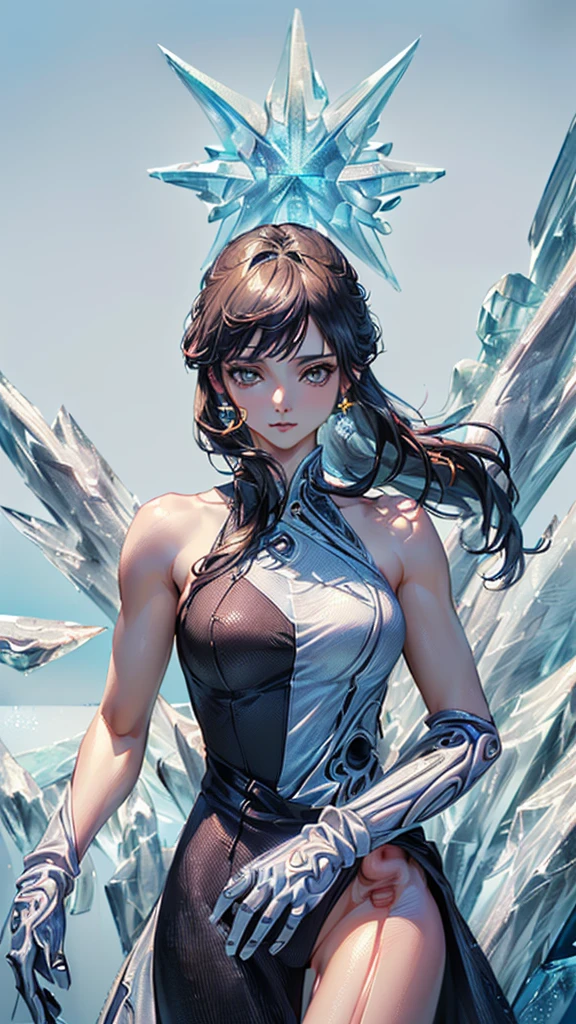 (((masterpiece, High resolution, accurate, Anatomically correct, most high quality, Very detailed, high quality, Ultra high definition:1.5))), Big Tits, Earrings, Sparkling eyes, moving line, Speed Line, mage,sexy pose,(((upper body,one woman,master of ice,Cowboy Shot, :1.5))),smile,Different world,another world,city、throne