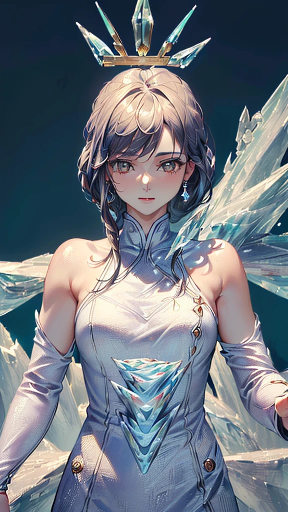 (((masterpiece, High resolution, accurate, Anatomically correct, most high quality, Very detailed, high quality, Ultra high definition:1.5))), Big Tits, Earrings, Sparkling eyes, moving line, Speed Line, mage,sexy pose,(((upper body,one woman,master of ice,Cowboy Shot, :1.5))),smile,Different world,another world,city、throne
