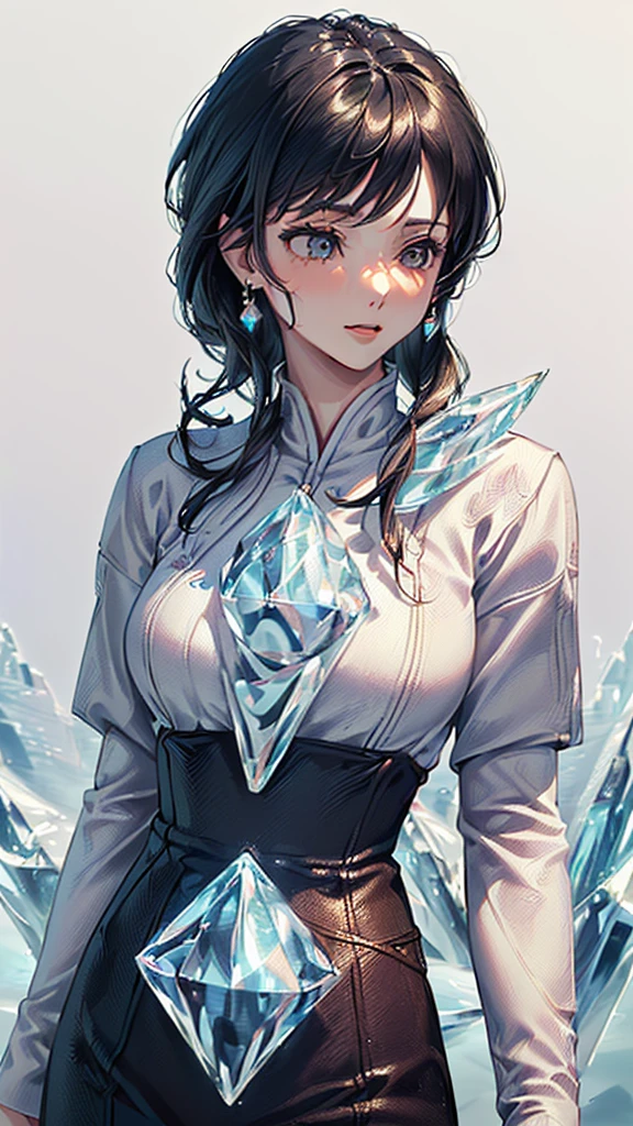 (((masterpiece, High resolution, accurate, Anatomically correct, most high quality, Very detailed, high quality, Ultra high definition:1.5))), Big Tits, Earrings, Sparkling eyes, moving line, Speed Line, mage,sexy pose,(((upper body,one woman,master of ice,Cowboy Shot, :1.5))),smile,Different world,another world,city、throne