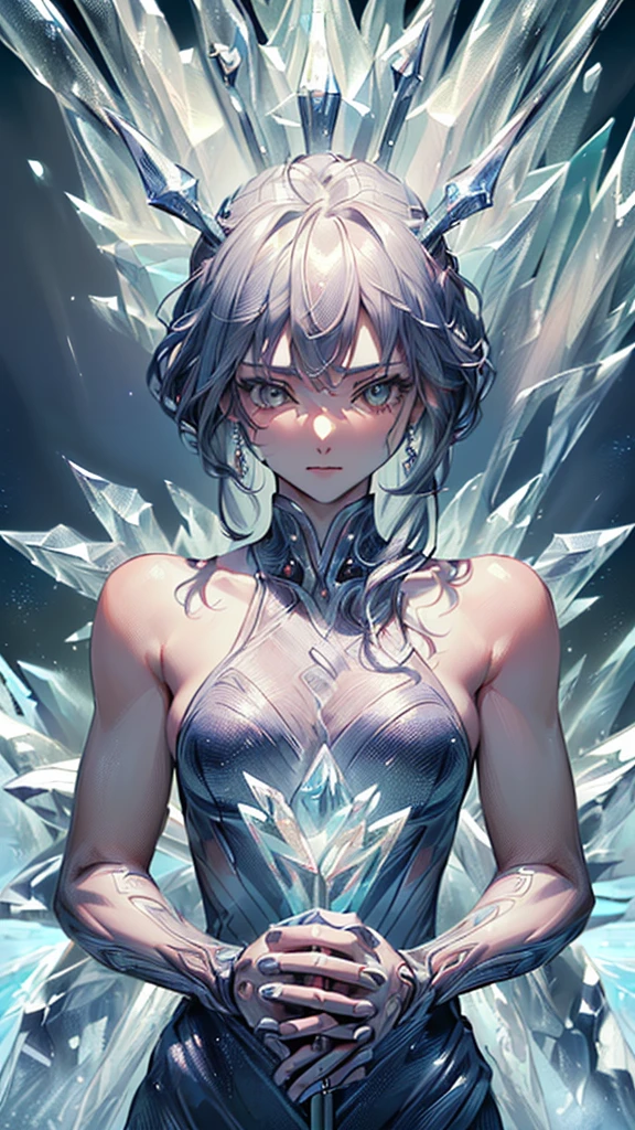 (((masterpiece, High resolution, accurate, Anatomically correct, most high quality, Very detailed, high quality, Ultra high definition:1.5))), Big Tits, Earrings, Sparkling eyes, moving line, Speed Line, mage,sexy pose,(((upper body,one woman,master of ice,Cowboy Shot, :1.5))),smile,Different world,another world,city、throne