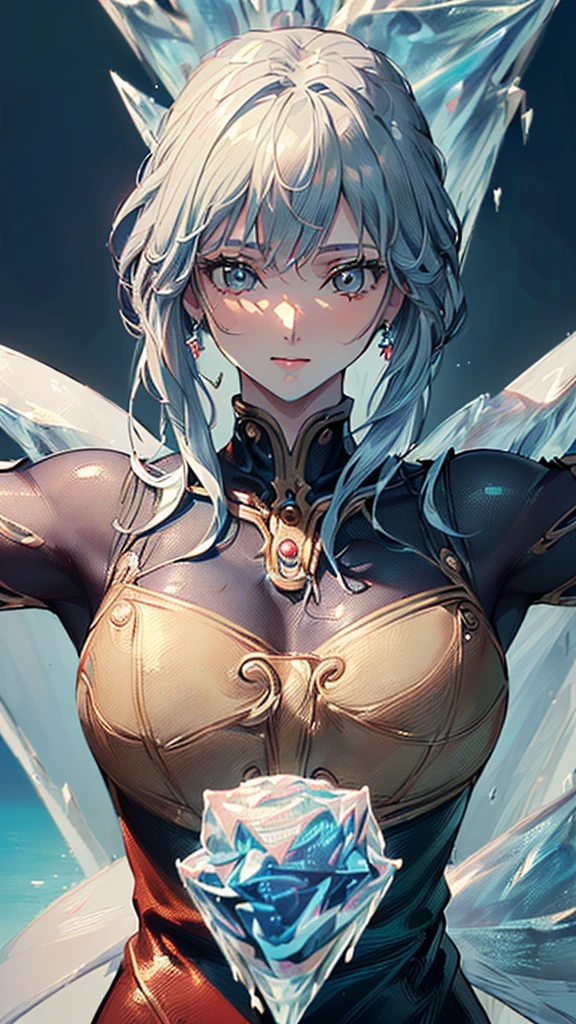 (((masterpiece, High resolution, accurate, Anatomically correct, most high quality, Very detailed, high quality, Ultra high definition:1.5))), Big Tits, Earrings, Sparkling eyes, moving line, Speed Line, mage,sexy pose,(((upper body,one woman,master of ice,Cowboy Shot, :1.5))),smile,Different world,another world,city、throne