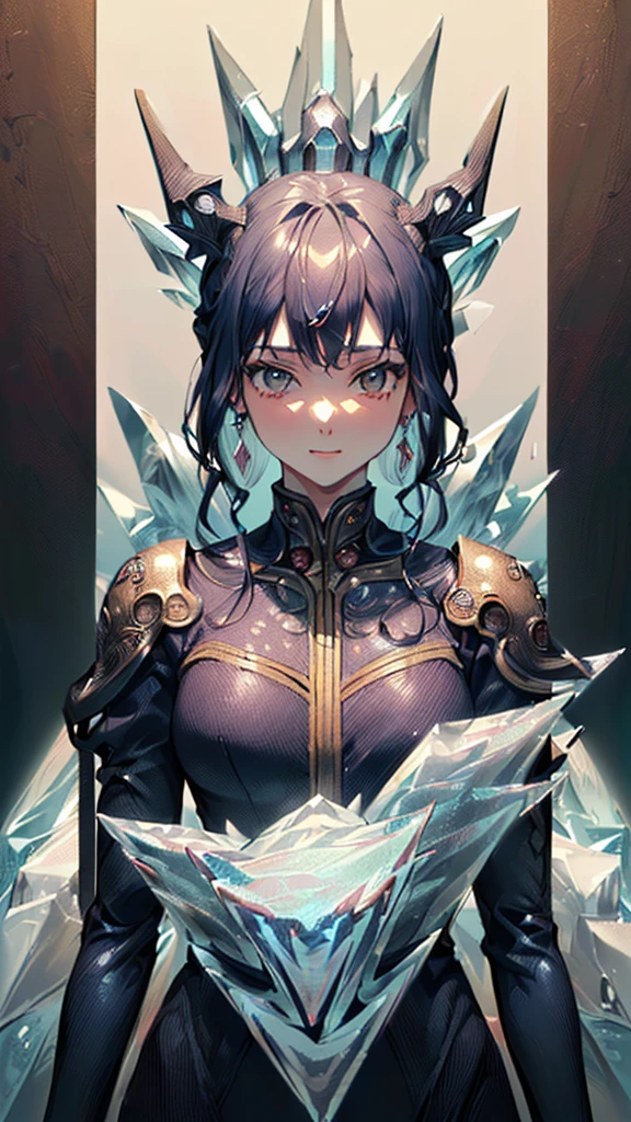 (((masterpiece, High resolution, accurate, Anatomically correct, most high quality, Very detailed, high quality, Ultra high definition:1.5))), Big Tits, Earrings, Sparkling eyes, moving line, Speed Line, mage,sexy pose,(((upper body,one woman,master of ice,Cowboy Shot, :1.5))),smile,Different world,another world,city、throne