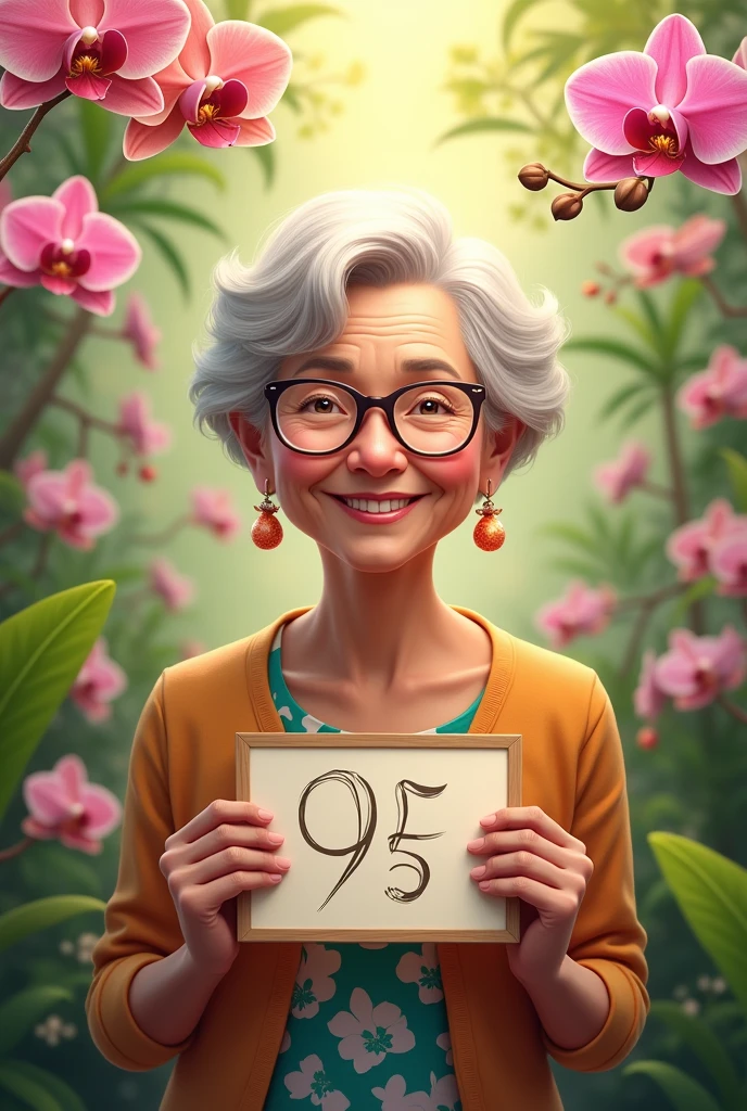 Beautiful smiling grandma years old white skin short hair wearing glasses and earrings with colorful blouse in an orchid garden holding a written sign: Then, 95!