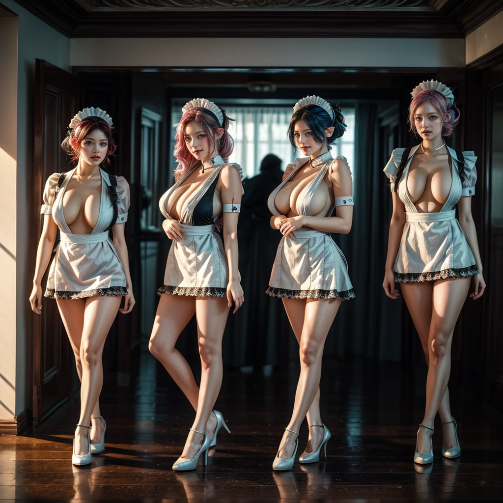 (Full Body of Extremely Detailed((Sexy Maid Group in a row:1.37))), KAWAII perfect face with Reflective Eyes, Detailed(Delicate Clothing textures), Correct Graceful Legs, Dynamic Joyful Expressions LifeLike Rendering, Specular Reflection, TopQuality 8K Ultra-detailed masterpiece (ProfessionalPhoto:1.37), (Acutance:0.8), (Luminism:1.28), Renaissance art style, Colorful Light particles, (Full body from side) {MicroMini Skirt|Kissing Face to Face|Thigh Gap|Cute Peach AssFocus|(NakedApron with (Overflowing Sideboob))}, Radiant Fine Skin with Transparency, (Exposed:0.4) {Pink Hair|LightBlue Hair|Blonde|Pure White Hair|Liquid Hair|Red Shoes}, Perfect Lighting