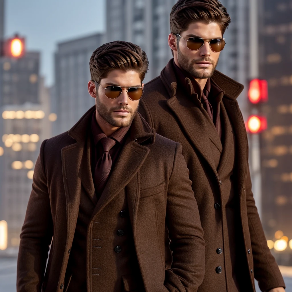 nick bateman, with red light eyes brown hair, brown overcoat, with dark glasses,