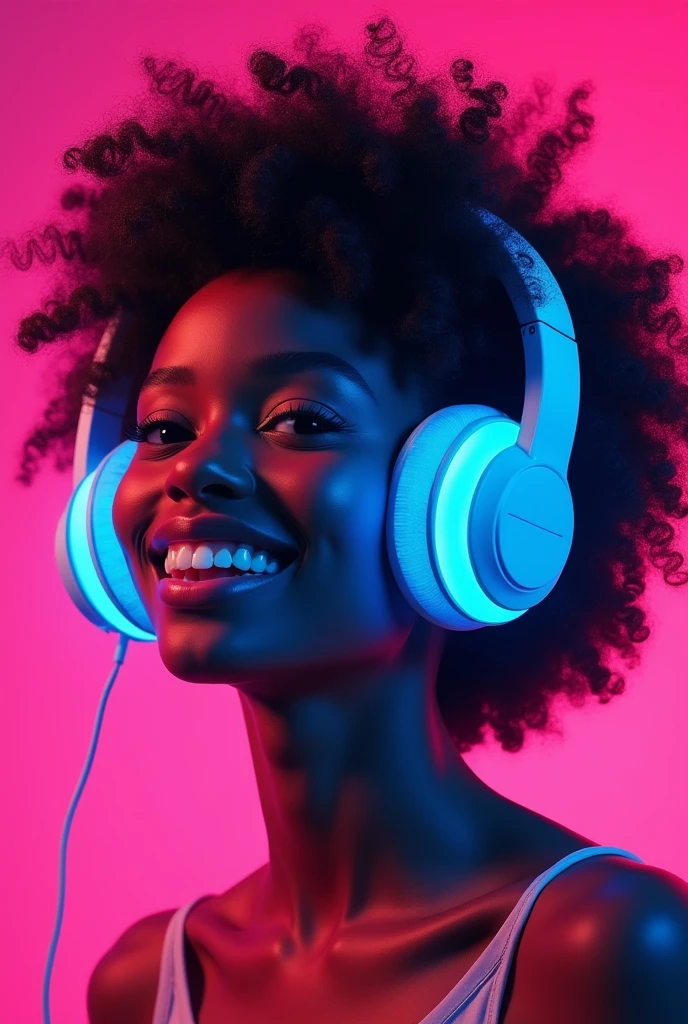 Create an image with a pink background of an 18-year-old black girl with huge neon blue headphones listening to music
