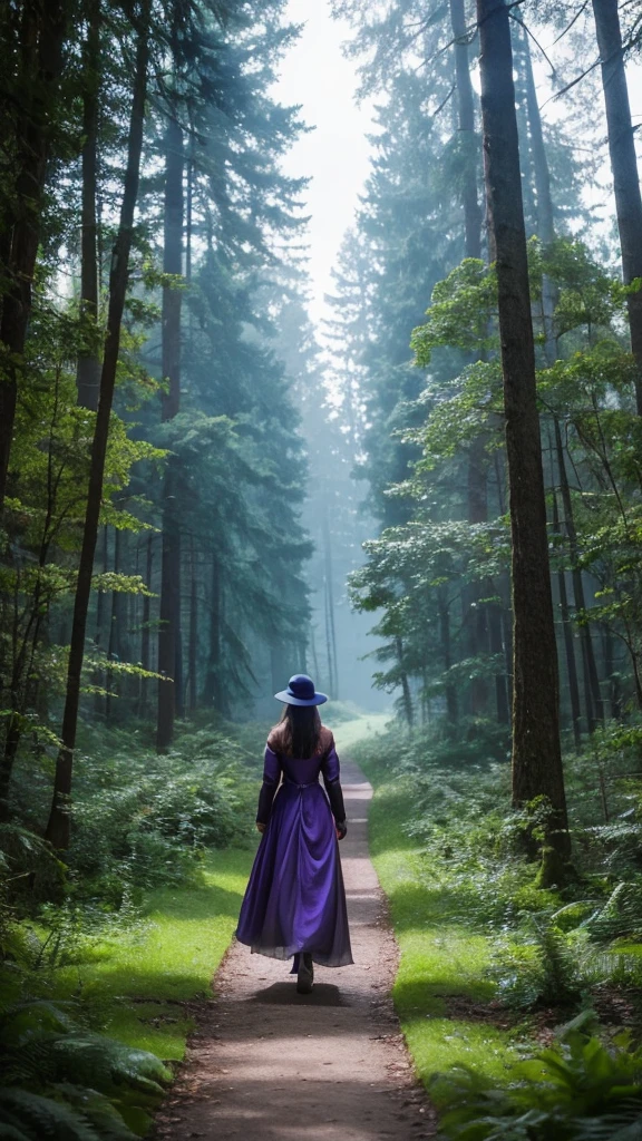 A mysterious forest path lined with tall trees whose leaves are shades of purple and blue. The path narrows as it extends into the distance. The time is twilight, and the forest is bathed in a soft, ethereal light. A woman is seen walking down the path, her back to the camera, as she slowly moves toward the horizon. The camera follows her from behind, capturing the surreal atmosphere as she walks deeper into the enchanted woods.