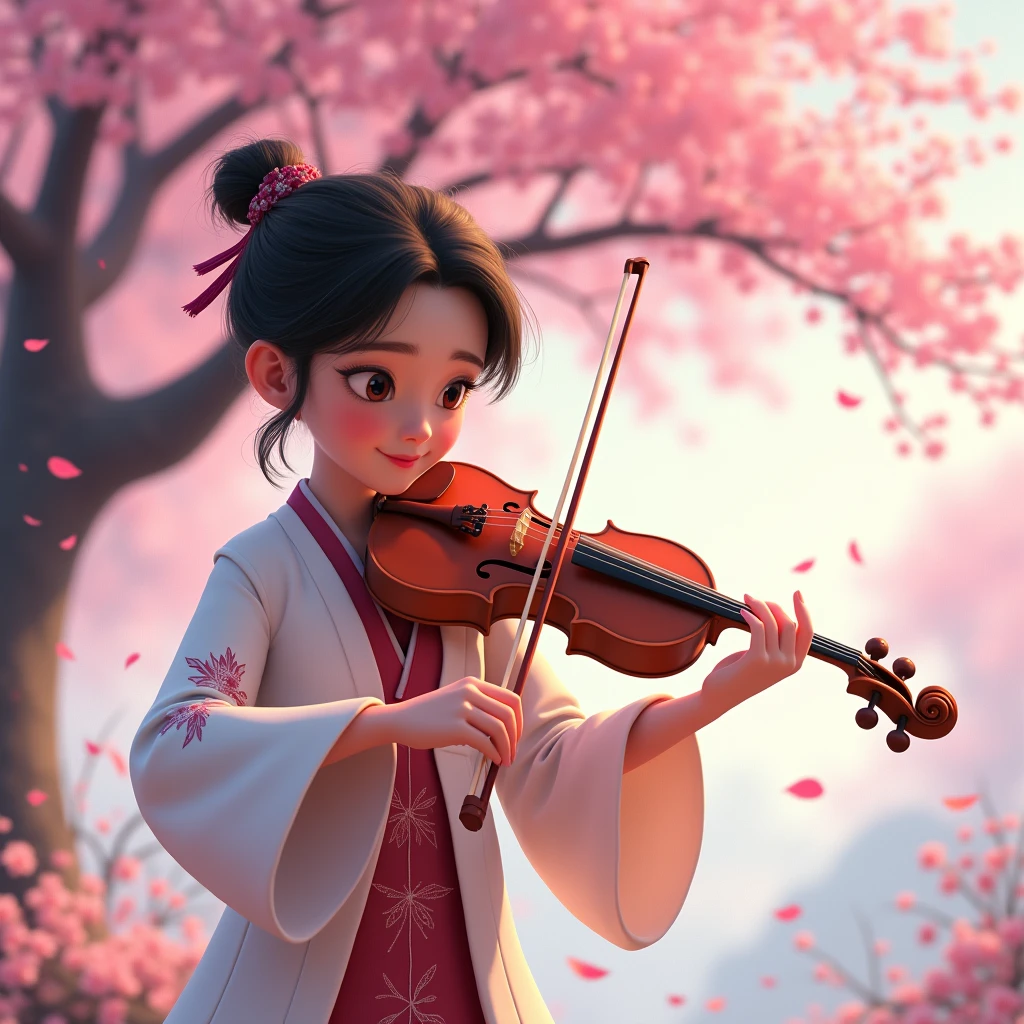Animation scene of a  playing violin under a cherry blossom tree, Xin Haicheng!, ( ( Xin Haicheng ) ), Xin Haicheng!!, studio glibly Xin Haicheng, style of Xin Haicheng, Xin Haicheng, in style of Xin Haicheng, Xin Haicheng style, Xin Haicheng art style