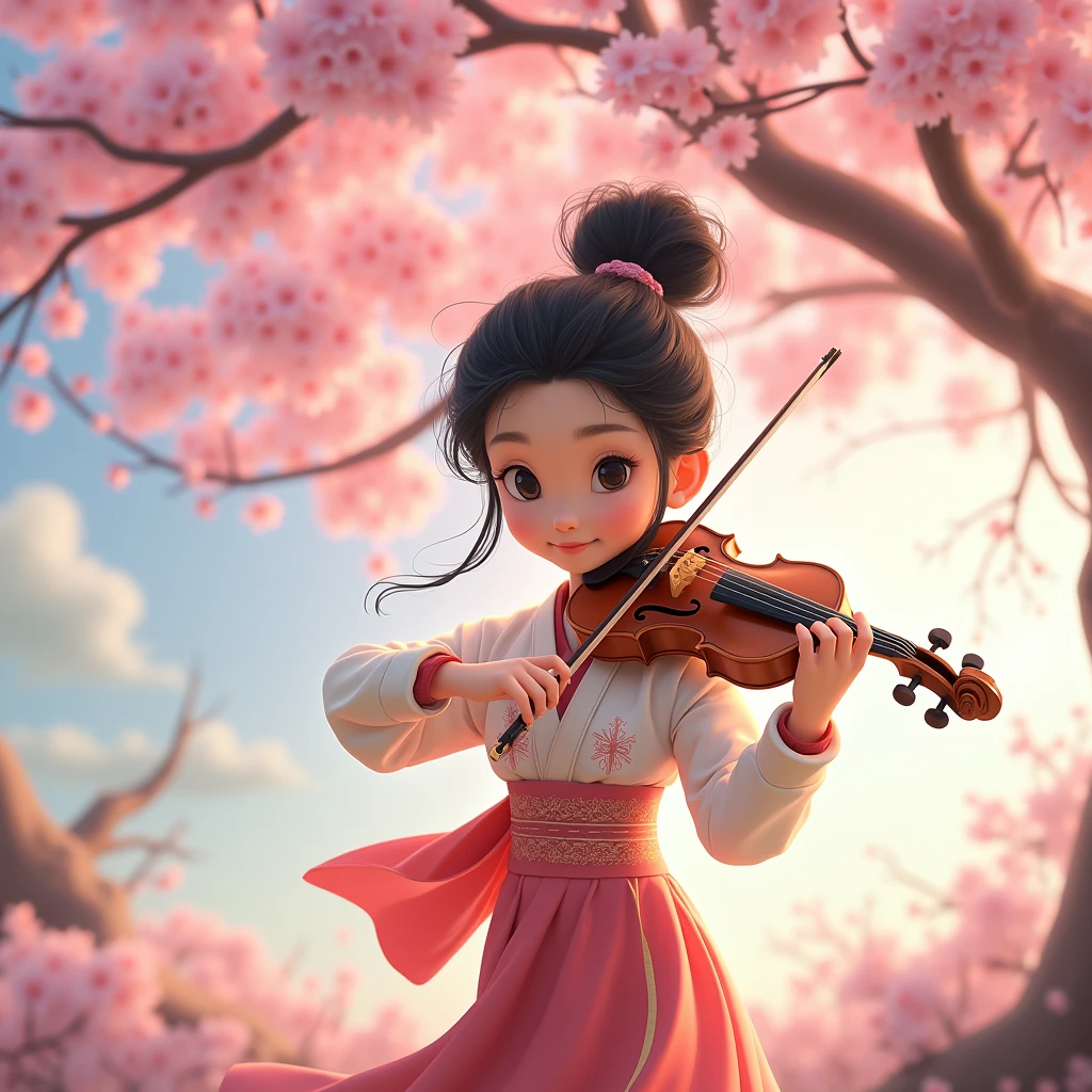 Animation scene of a  playing violin under a cherry blossom tree, Xin Haicheng!, ( ( Xin Haicheng ) ), Xin Haicheng!!, studio glibly Xin Haicheng, style of Xin Haicheng, Xin Haicheng, in style of Xin Haicheng, Xin Haicheng style, Xin Haicheng art style