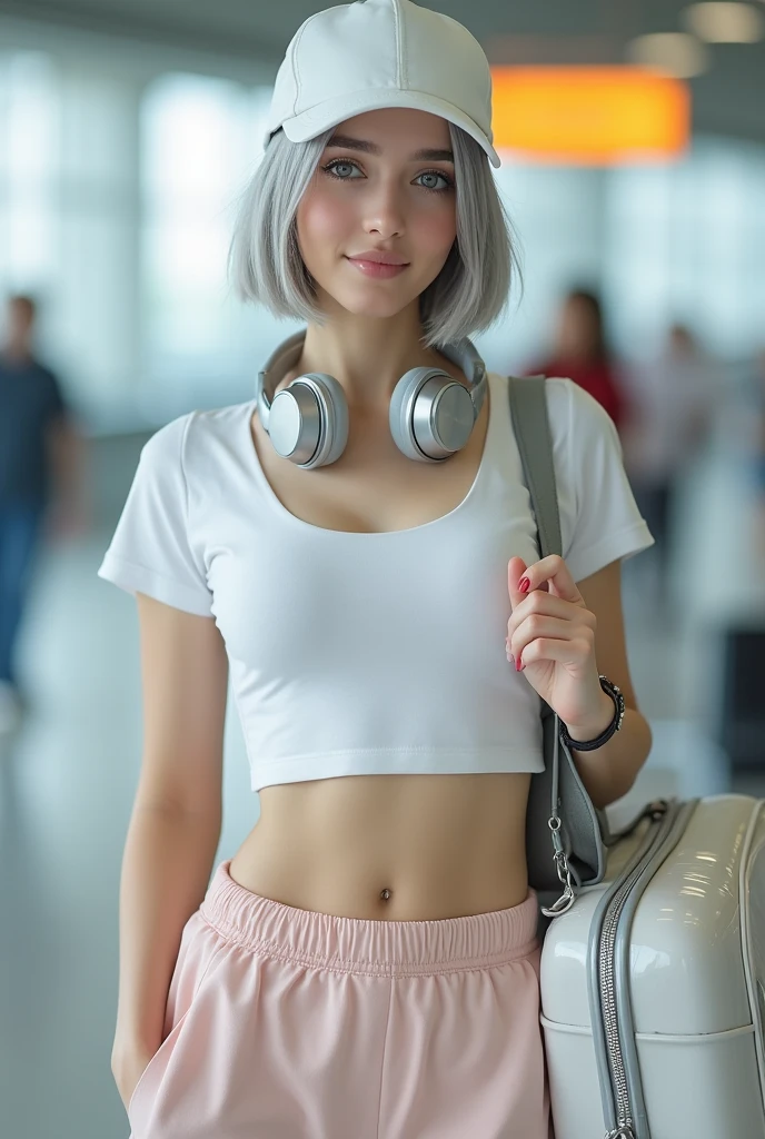 RAW photo, best quality, masterpiece, photorealistic, best lighting, Polish girl, 20 years old, detail face, detail eyes, light gray eyes, light gray hair, short straight bob cut, Symmetrical eyes, huge breasts, Smiling, white cap pulled down low, silver headphones around neck, white crop top, bare midriff, pale pink wide sweatpants, silver handbag hanging from large white suitcase, airport lounge, standing and posing, full body, gel nails, accessories