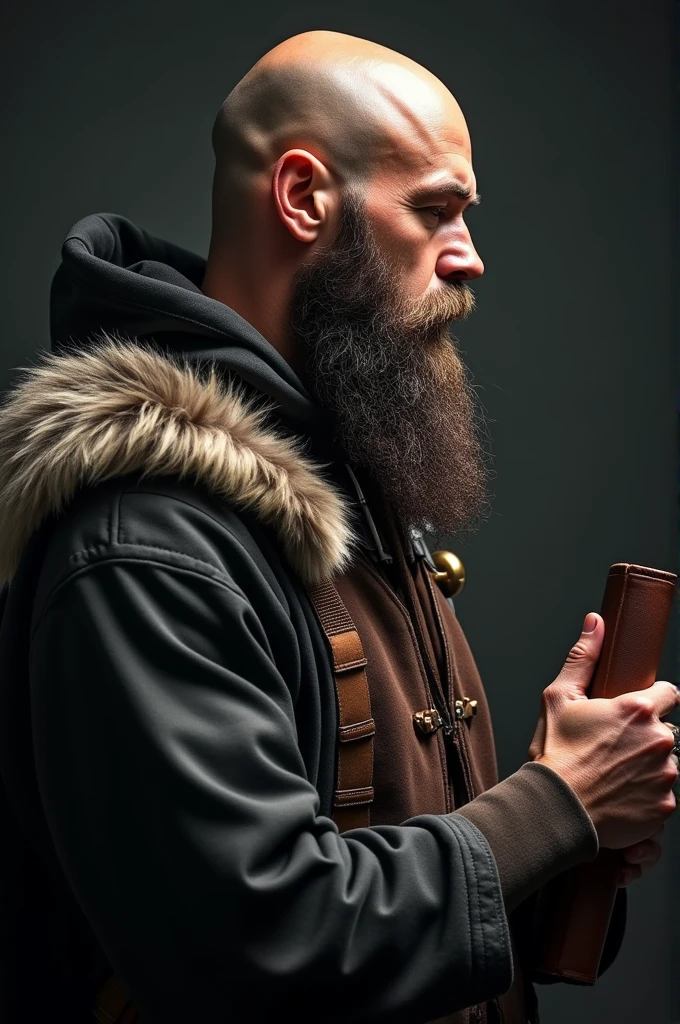 A strong bearded and bald Viking style hooded man holding a bible. profile pic