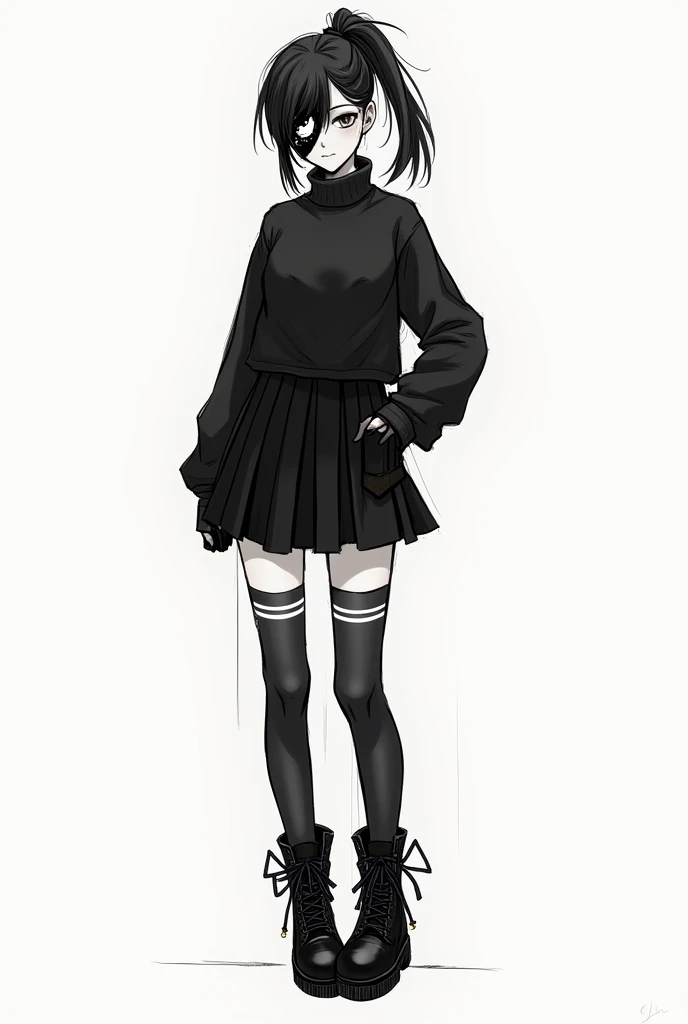 A sketch of a girl with half her face in Venom makeup, with a ponytail in her hair, wearing a black turtleneck sweater, with a black skirt with two white stripes , The stockings are below the knee in black and have two white stripes, and black military-style boots with black decorative confetti on the sides