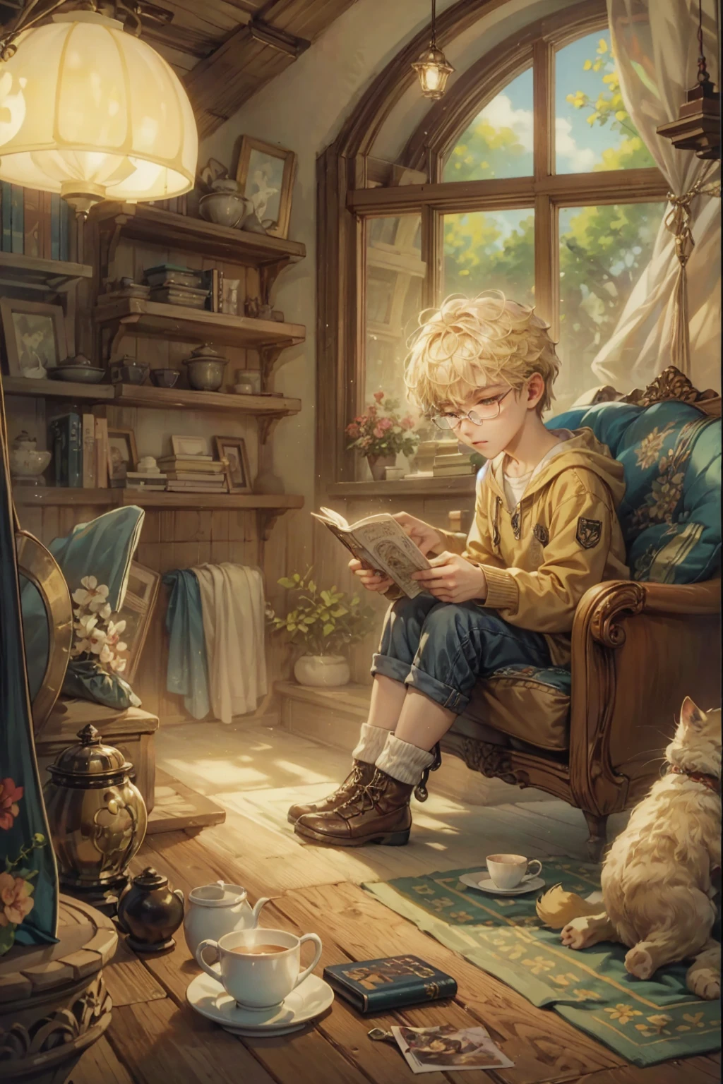 ((best quality)), ((Masterpiece)), (details), ((perfect face)), ((half body)) Handsome blonde artist, Wearing white-rimmed glasses,Do activities in his cozy home located in a quiet forest.. Capture the moments in his daily life, Such as his use of a smartphone, Digital Painting, reading, Play a musical instrument, Or enjoy a cup of tea, As he explores creativity and self-discovery, All this surrounded by the warmth and comfort of His sanctuary.
