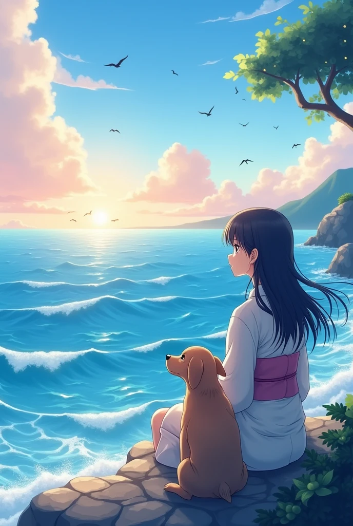 Anime animation looking at the sea with her dog companion